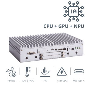 PC fanless pour l'IA configuré avec un processeur Intel Core Ultra, x1 HDMI/DisplayPort, x4 LAN, x4 COM, x6 USB et x2 USB Type-C