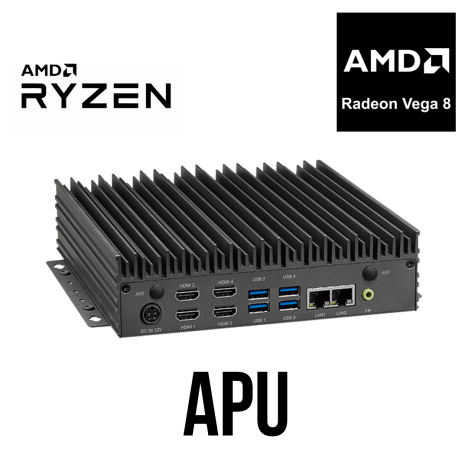 PC fanless APU AMD Ryzen GPU Radeon x4 HDMI,x2 LAN GB, x4 USB, x4 COM et GPIO