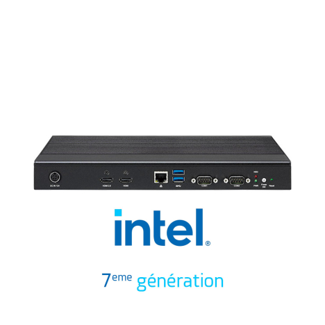 PC fanless embarqué 4K équipé d'un processeur Intel de 7eme génération, x1HDMI 4K, x1 GbE RJ45, x2COM RS232, x4 USB 3.0