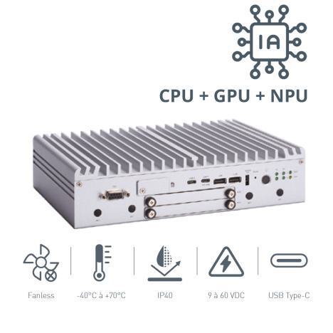 PC fanless pour l'IA configuré avec un processeur Intel Core Ultra, x1 HDMI/DisplayPort, x4 LAN, x4 COM, x6 USB et x2 USB Type-C