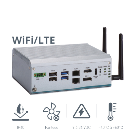 PC Fanless équipé d'un processeur Intel Alder Lake, x2 LAN LAN/4, x1 HDMI, x1 DisplayPort, x2 COM, x4 USB, et alimentation étendue de 9 à 36 VDC
