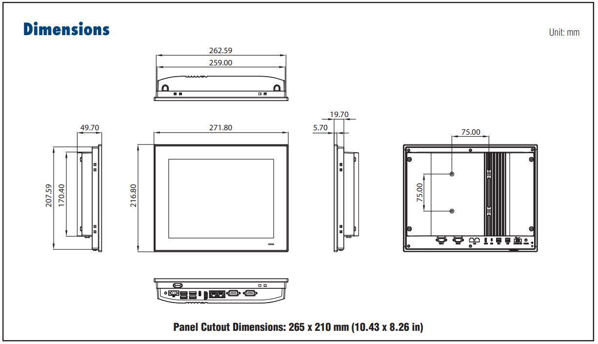 Panel PC fanless 10,4" dimensions