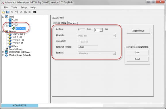 Configuration des ports COM du module ADAM série